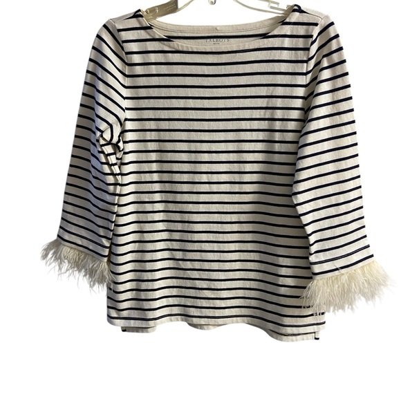 Talbots Tops - Talbots Cream and Navy Stripe Feather-Cuff Boatneck Top medium petite